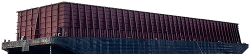 A red barge with a black base.